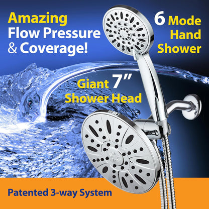 AquaDance 7" Premium High Pressure 3-Way Rainfall Combo Combines The Best of Both Worlds-Enjoy Luxurious Rain Showerhead and 6-Setting Hand Held Shower Separately or Together, Chrome