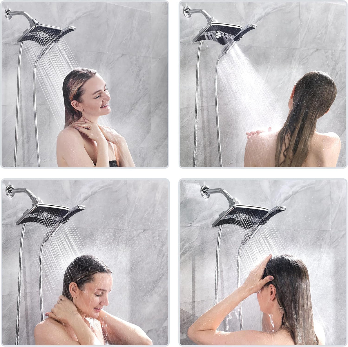 BRIGHT SHOWERS High Pressure Dual Shower Head Combo, Handheld Showerhead Rainfall Shower Head Combo with Black Face, 60 Inch Long Stainless Steel Shower Hose, Chrome
