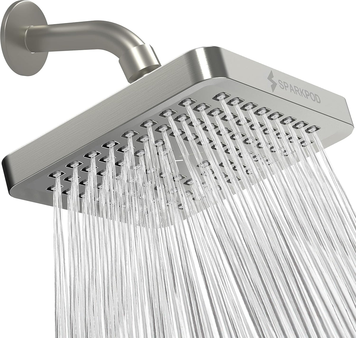 SparkPod Rain Shower Head, 6 Inch Square, Elegant Brushed Nickel Finish