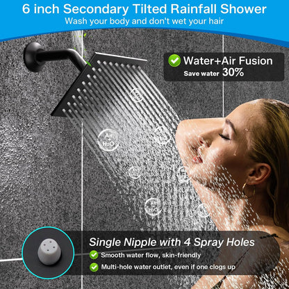 ENGA Dual Rain Shower Head System, 2 In 1 Functions Ceiling Mount 14x20inch LED Shower Head with 6 Inch Shower Head, Rainfall Waterfall Shower Faucet Set, Matte Black