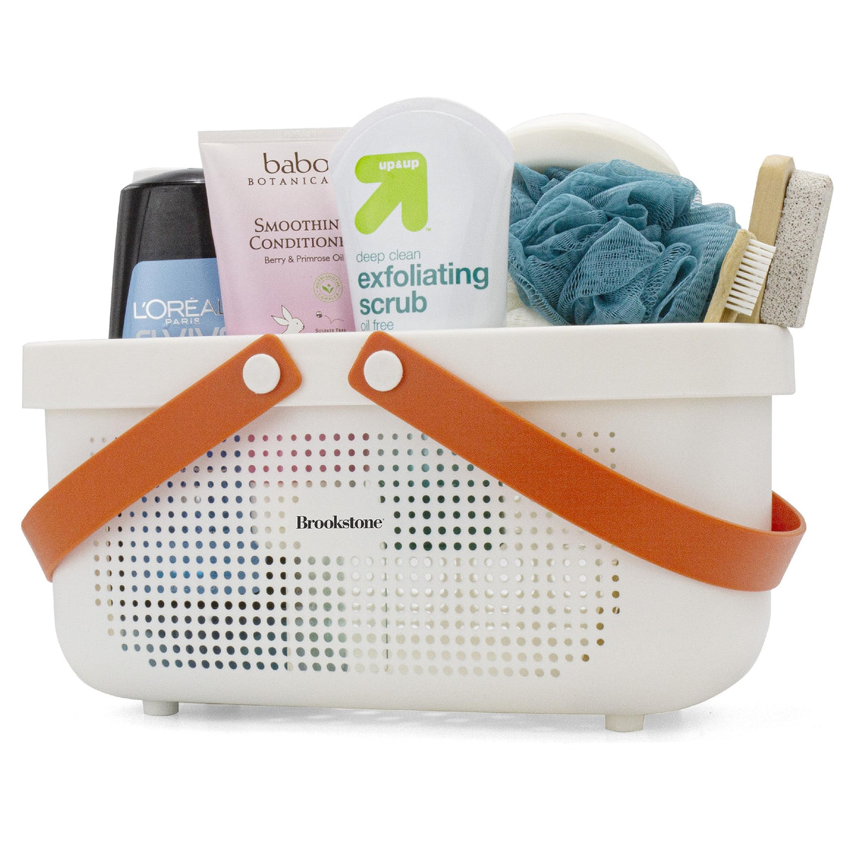 Brookstone Modern Large Portable Shower Caddy with Soft Silicone Carrying Handle, Bathroom Organizer Basket, Plastic Bath Tote and Shower Organizer, Quick Dry Drainage Holes, BPA Free, Blush